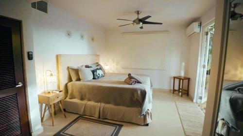 a bedroom with a bed and a ceiling fan at Relaxing Oasis with Pool heater and Cabana in San Juan