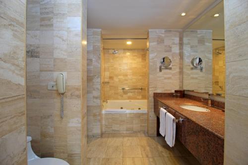 a bathroom with a shower and a sink and a tub at Hotel Windsor House Inn By GEH Suites in Bogotá