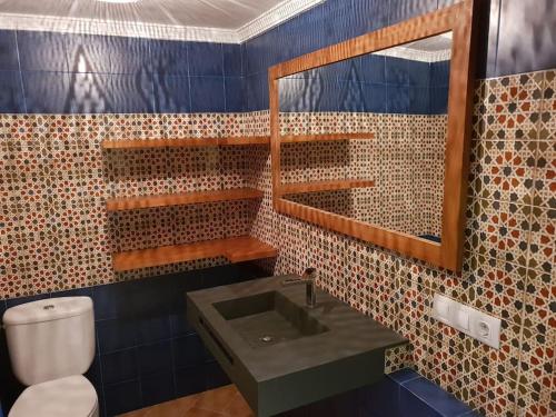 ein Badezimmer mit einem Waschbecken, einem Spiegel und einem WC in der Unterkunft Mirador del Olivar in Olvera