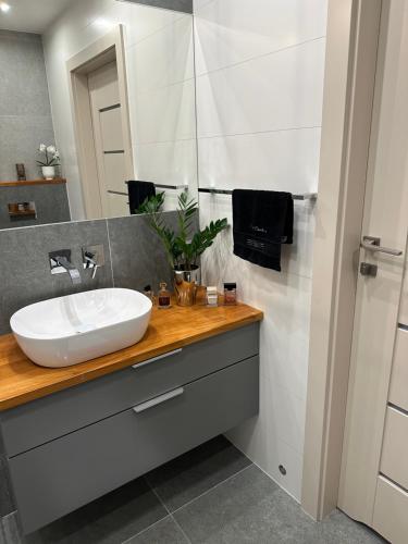 ein Bad mit einem Waschbecken und einem Spiegel in der Unterkunft Premium Apartament Polna Szczecinek in Szczecinek