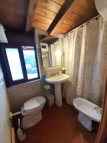 a bathroom with a toilet and a sink and a window at Casa Frida in Solanas