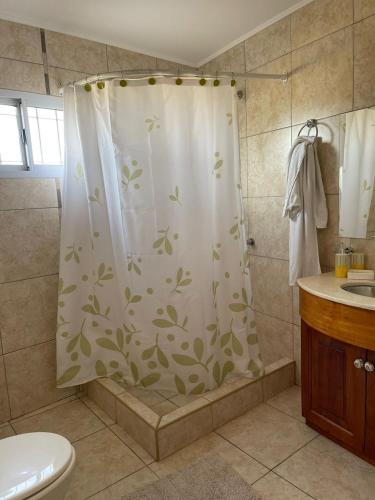 a bathroom with a shower curtain with leaves on it at Casa moderna en zona tranquila in Malargüe
