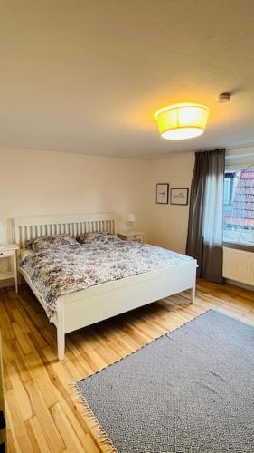a bedroom with a bed and a window and a rug at Mitten in den Weinbergen in Sommerhausen