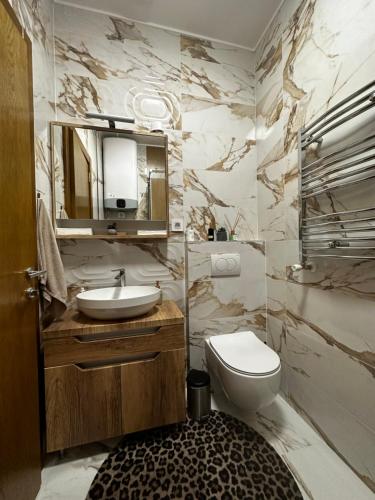 een badkamer met een wastafel, een toilet en een spiegel bij Apartman Katarina in Palić