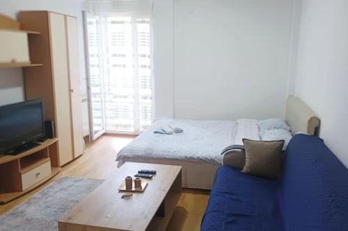 sala de estar con sofá azul y TV en Apartman Selma - Bijelo Polje en Bijelo Polje