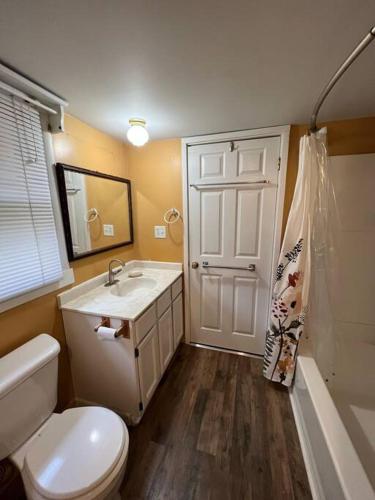 a bathroom with a toilet and a sink and a tub at Country Cottage in Penn Yan