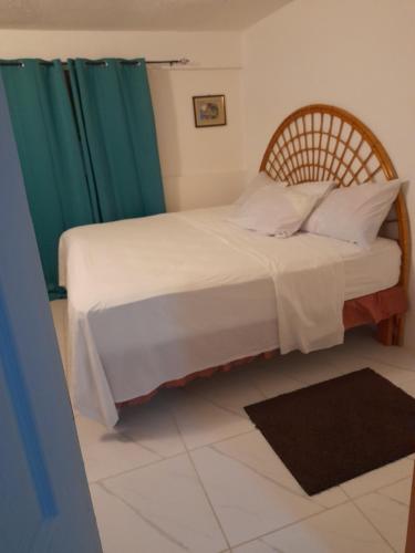 a bedroom with a bed and a green curtain at Alexander's Apartment in Carriacou