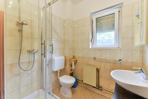 a bathroom with a shower and a toilet and a sink at Apartments with a parking space Pakostane, Biograd - 18981 in Pakoštane