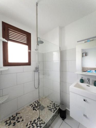 La salle de bains est pourvue d'une douche et d'un lavabo. dans l'établissement KayChouchou- Appart cosy au cœur de Fort-de-France, à Fort-de-France