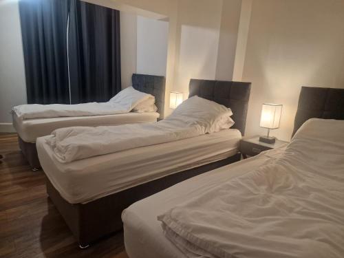 two beds in a hotel room with two lamps at Furnished 1 bedroom apartment in Bristol