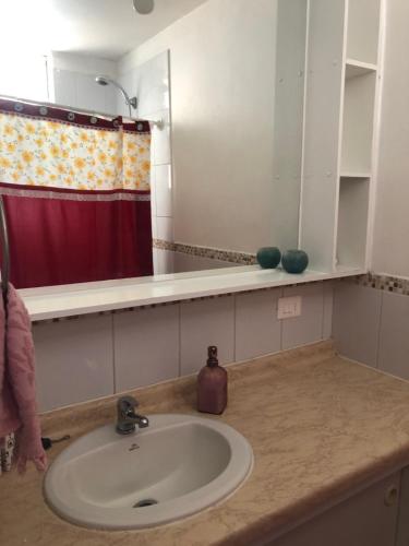 a bathroom counter with a sink and a mirror at Departamento en Playa Bellavista, Tome in Tomé