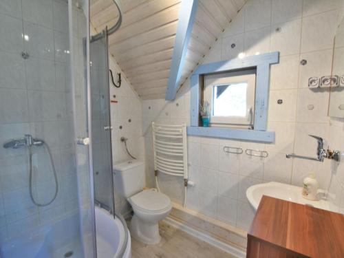 a bathroom with a toilet and a shower and a sink at Holiday house by the lake, Charzykowy in Charzykowy