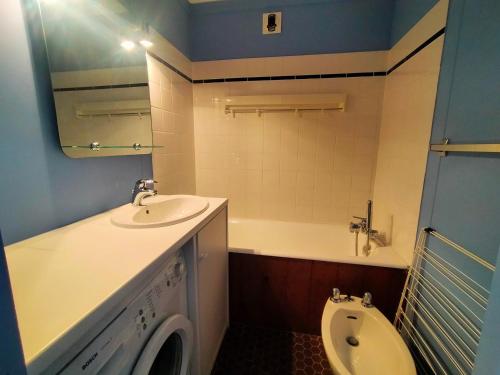 une salle de bain avec un lavabo et une machine à laver dans l'établissement Avoriaz: Appartement 3 pièces, 6 pers, cheminée, wifi, tout équipé - FR-1-633-69, à Morzine