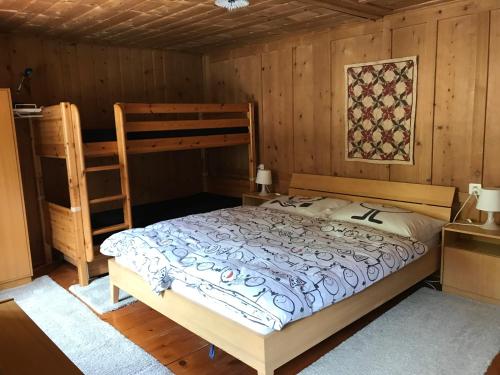 ein Schlafzimmer mit einem Bett, einem Etagenbett und einer Leiter in der Unterkunft Apartment Verena in Vals