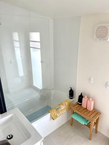 a bathroom with a shower and a sink and a tub at Heritage Cottage in Sandy Bay in Sandy Bay
