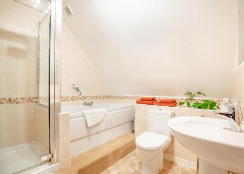 a bathroom with a toilet and a sink and a bath tub at Woodlands in Newent