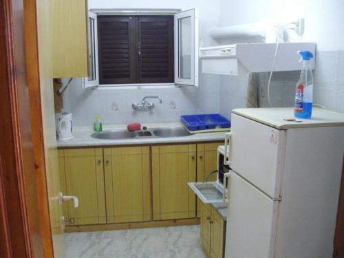 a kitchen with a white refrigerator and a sink at Adriana Saina Apartments in Agios Georgios