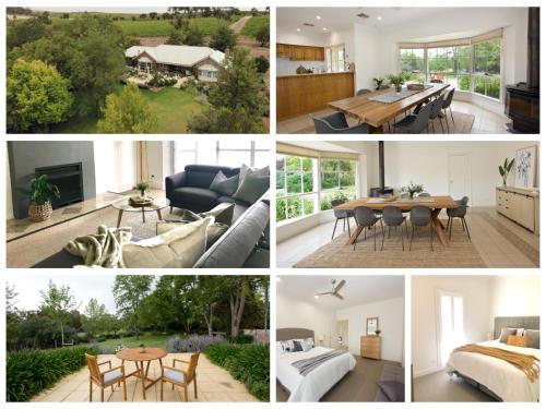a collage of pictures of a living room and dining room at Seppeltsfield Vineyard Retreat - 3 Bedroom Holiday Home in Seppeltsfield