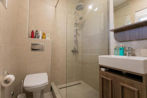 y baño con ducha, aseo y lavamanos. en Country Homes Dujeva en Rijeka Crnojevića