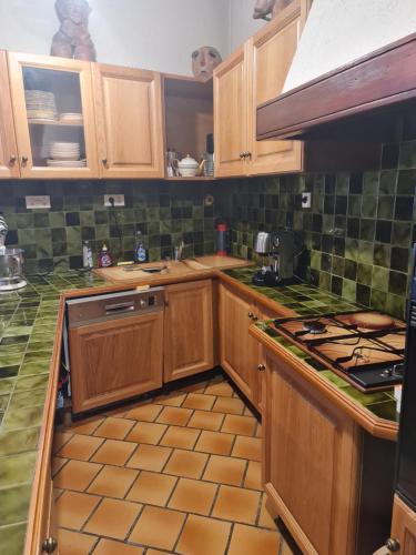 une cuisine avec des armoires en bois et du carrelage vert au sol dans l'établissement Maison de village, à La Brigue