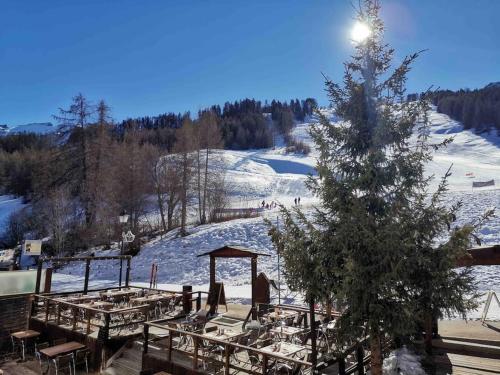 a group of tables and a tree in the snow at Studio front de neige - pieds des pistes in Enchastrayes