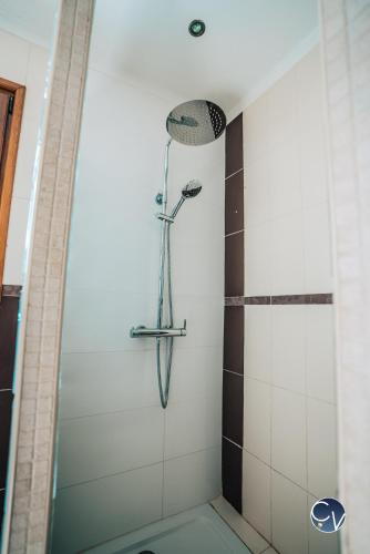 a shower with a shower head in a bathroom at Villa le Thor Piscine Billard Sauna et Jacuzzi in Le Thor