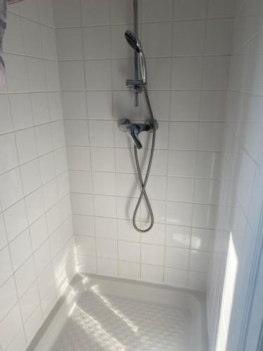 eine Dusche mit Duschkopf in einem weiß gefliesten Bad in der Unterkunft Mury 3 in Straßburg