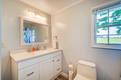 a bathroom with a sink and a toilet and a mirror at Dobson Farmhouse with Scenic Porch - Near Vineyards! in Dobson