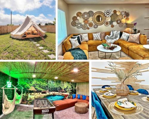 a collage of pictures of a living room and a tent at NEW: Tulum Oasis in Denver w/ Hot Tub & Games in Denver