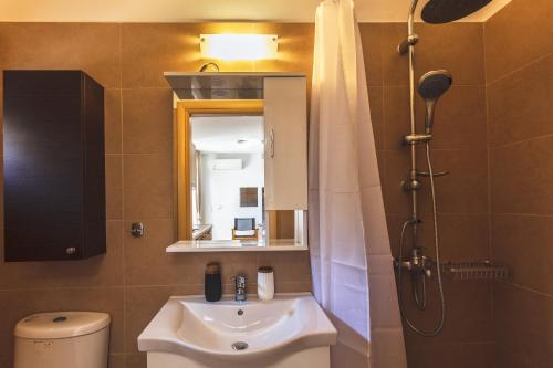 a bathroom with a sink and a shower and a toilet at Maris Villas in Elounda