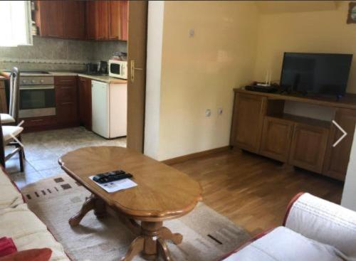 a living room with a table and a kitchen at Apartment Žugić in Žabljak