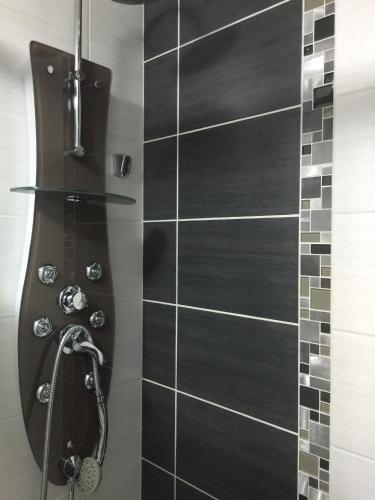 La salle de bains est pourvue d'une douche avec du carrelage noir. dans l'établissement Appartements Bordeaux Saint Michel, à Bordeaux