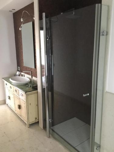 a bathroom with a shower with a sink and a mirror at Villa Elloise in Palermo