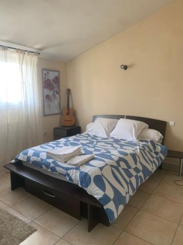 Schlafzimmer mit einem Bett mit einer blauen und weißen Bettdecke in der Unterkunft Appartement 4 personne à Rouffiac tolosan in Rouffiac-Tolosan