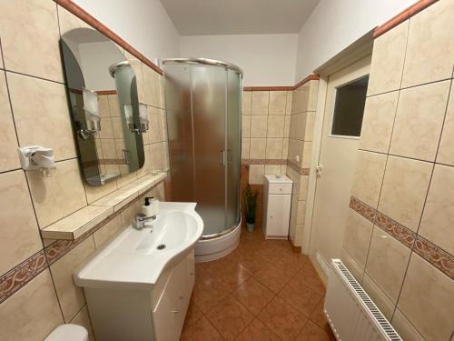 ムロンゴヴォにあるApartament Rowerowyのバスルーム(シャワー、白いシンク付)