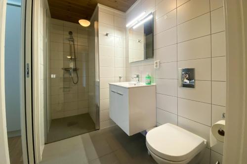 a bathroom with a toilet and a sink and a shower at Slåttastølen leiligheter - by Geilolia in Geilo