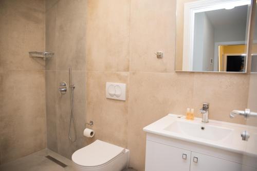 a bathroom with a toilet and a sink and a shower at Comfort Rooms Pogradec in Pogradec