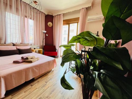 a bedroom with a bed and a large plant at Studio in the Center in Kavala