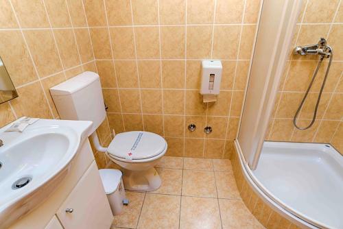 a bathroom with a toilet and a sink and a shower at Arka in Stara Novalja