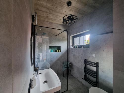 uma casa de banho com um lavatório, um chuveiro e uma banheira em Apartament Na Kamieńcu w Dolinie Dunajca nr 2 em Tylmanowa