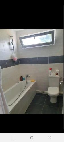 une salle de bain avec baignoire et toilettes et une fenêtre dans l'établissement Villa coubron Montfermeil, à Montfermeil