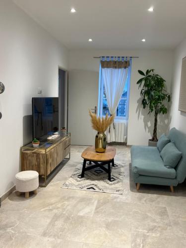 een woonkamer met een blauwe bank en een tv bij LE JEAN JAURÈS Arrivée Autonome in Vierzon