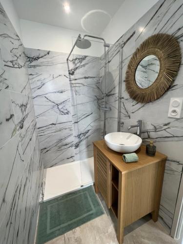 ein Bad mit einem Waschbecken und einem Spiegel in der Unterkunft LE JEAN JAURÈS Arrivée Autonome in Vierzon
