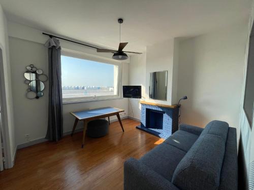a living room with a couch and a fireplace at l'albatros "le pont" in Cayeux-sur-Mer