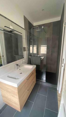 une salle de bain avec un lavabo et un miroir dans l'établissement Appartement Dol de Bretagne centre, à Dol-de-Bretagne