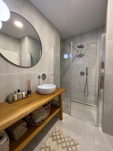 a bathroom with a sink and a shower at Apartmaji Winter Garden Kranjska Gora in Kranjska Gora