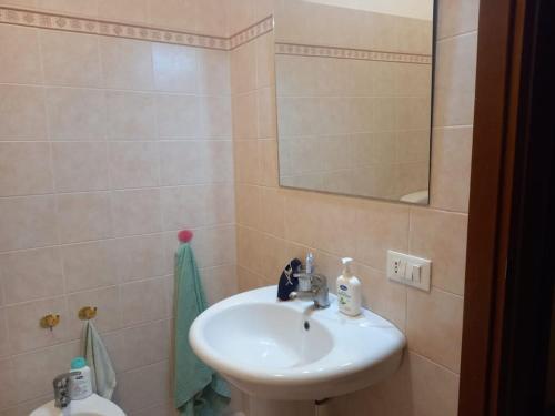 een badkamer met een wastafel en een spiegel bij Villetta Casa Rosa in Castelluzzo