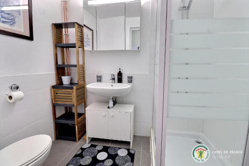 une petite salle de bain avec un lavabo et des toilettes dans l'établissement Le Bonlieu des Volets rouges, à Saint-Sauveur-de-Cruzières