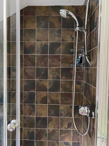 a shower in a bathroom with brown tiles at Lodge 1, The Grange in Wick