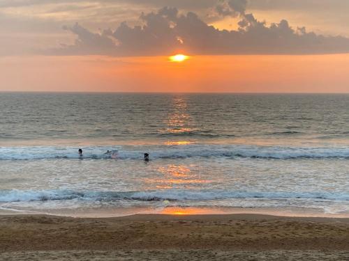 Un groupe de personnes dans l'océan au coucher du soleil dans l'établissement RESIDENCE LA CROISIERE- Appt Duplex 6 Personnes, à Anglet